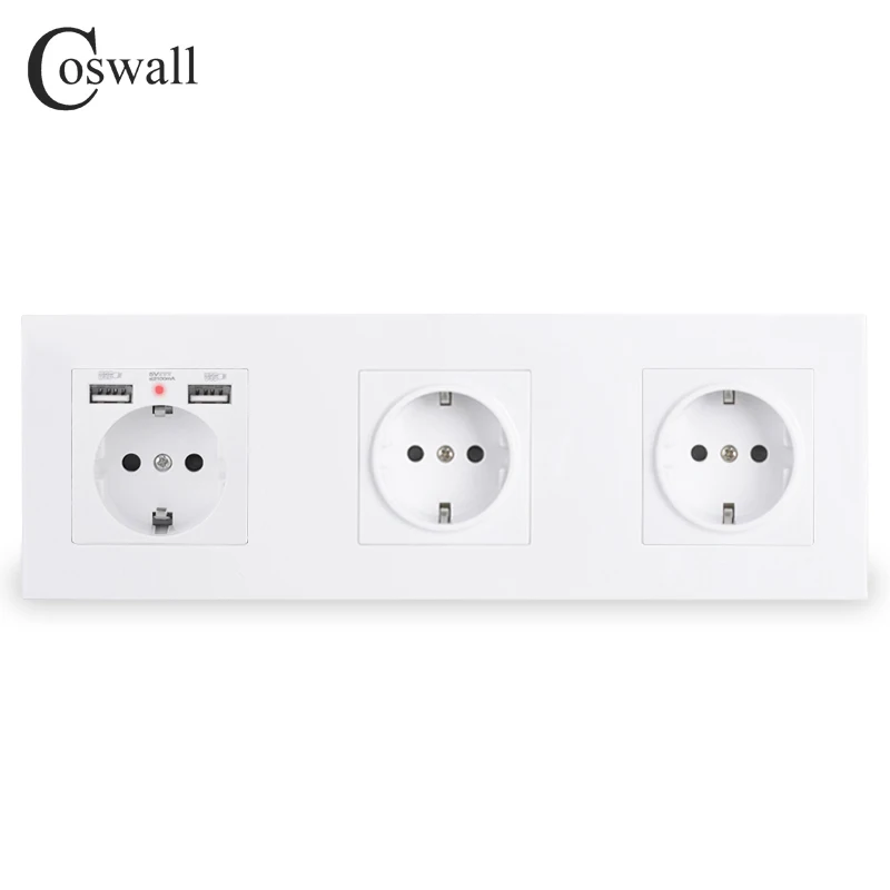 

COSWALL 3 Gang Wall EU Socket Grounded + Dual USB Charging Port With Hidden Soft LED Indicator Black White Gold PC panel