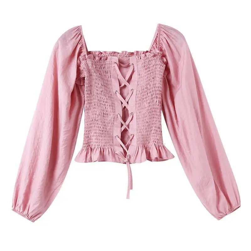 

Shirts Women Square-collar Slim Chic Sexy Party Pure Simple Casual Long Sleeve Tops Fashion Ladies Clothing All-match Femme Top