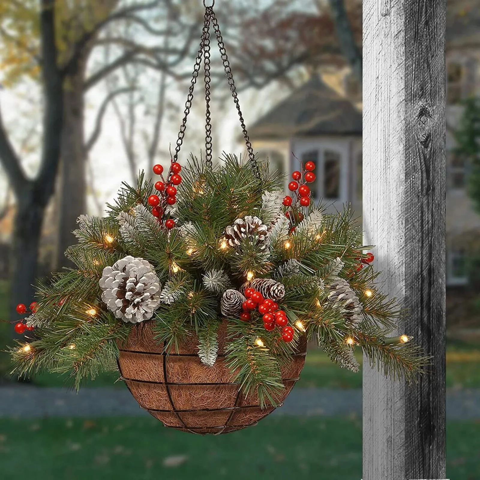 

Dazzling Pre-lit Artificial Christmas Hanging Basket - Flocked with Mixed Decorations and White LED Lights - Frosted Berry SALE