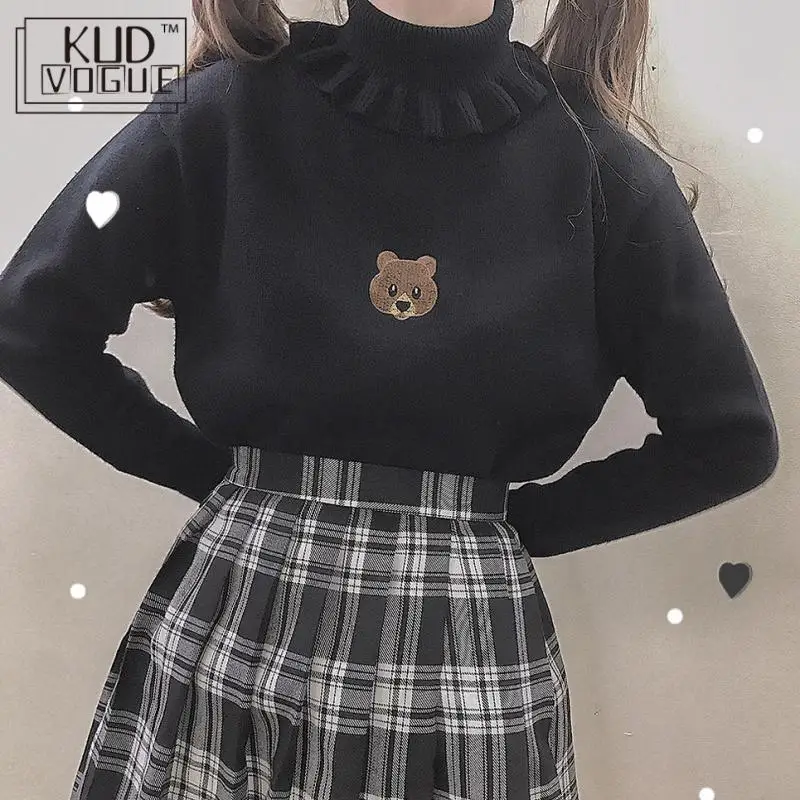 Harajuku Kawaii High Neck Sweater Korean Vintage Pullover Women Jumper Knitted Turtleneck Ruffle Cute Bear Slim Black | Женская одежда