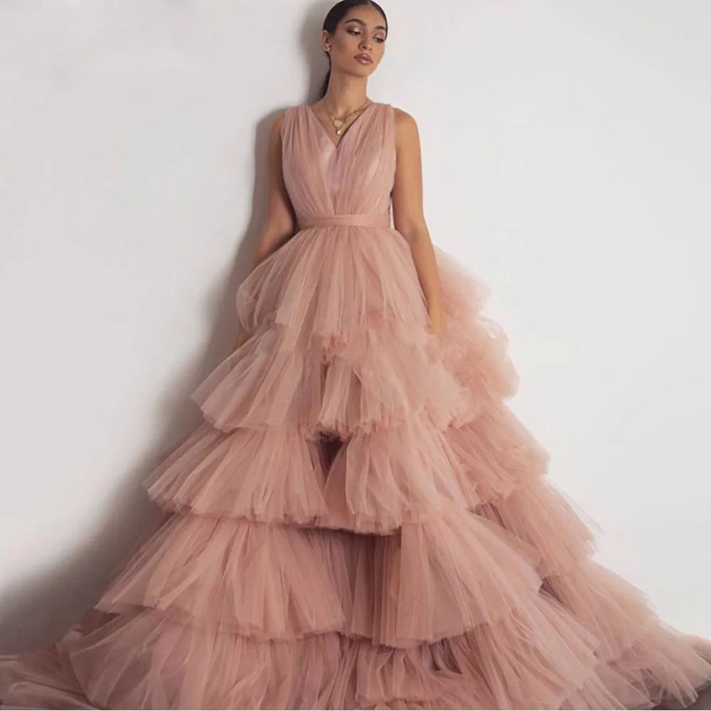 

Пыльное розовое вечернее платье с V-образным вырезом Abiye, пышное Тюлевое официальное платье для выпускного вечера из Саудовской Аравии, длин...