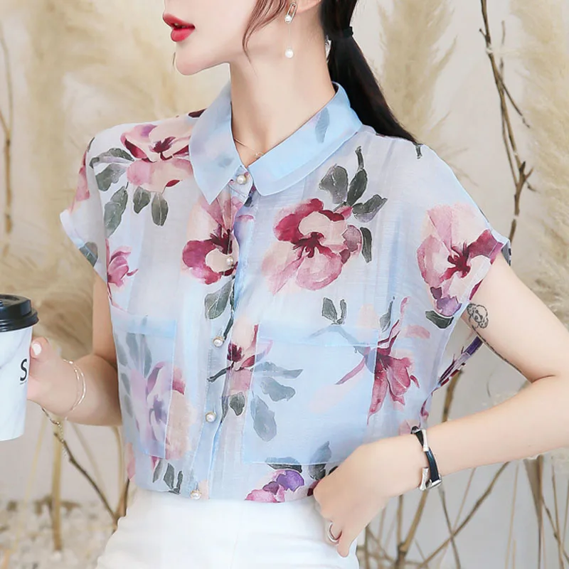 2021 Summer Fashion Women Chiffon Blouses Short Sleeve Turn-down Collar Clothing Casual Floral Tops 5101 50 | Женская одежда