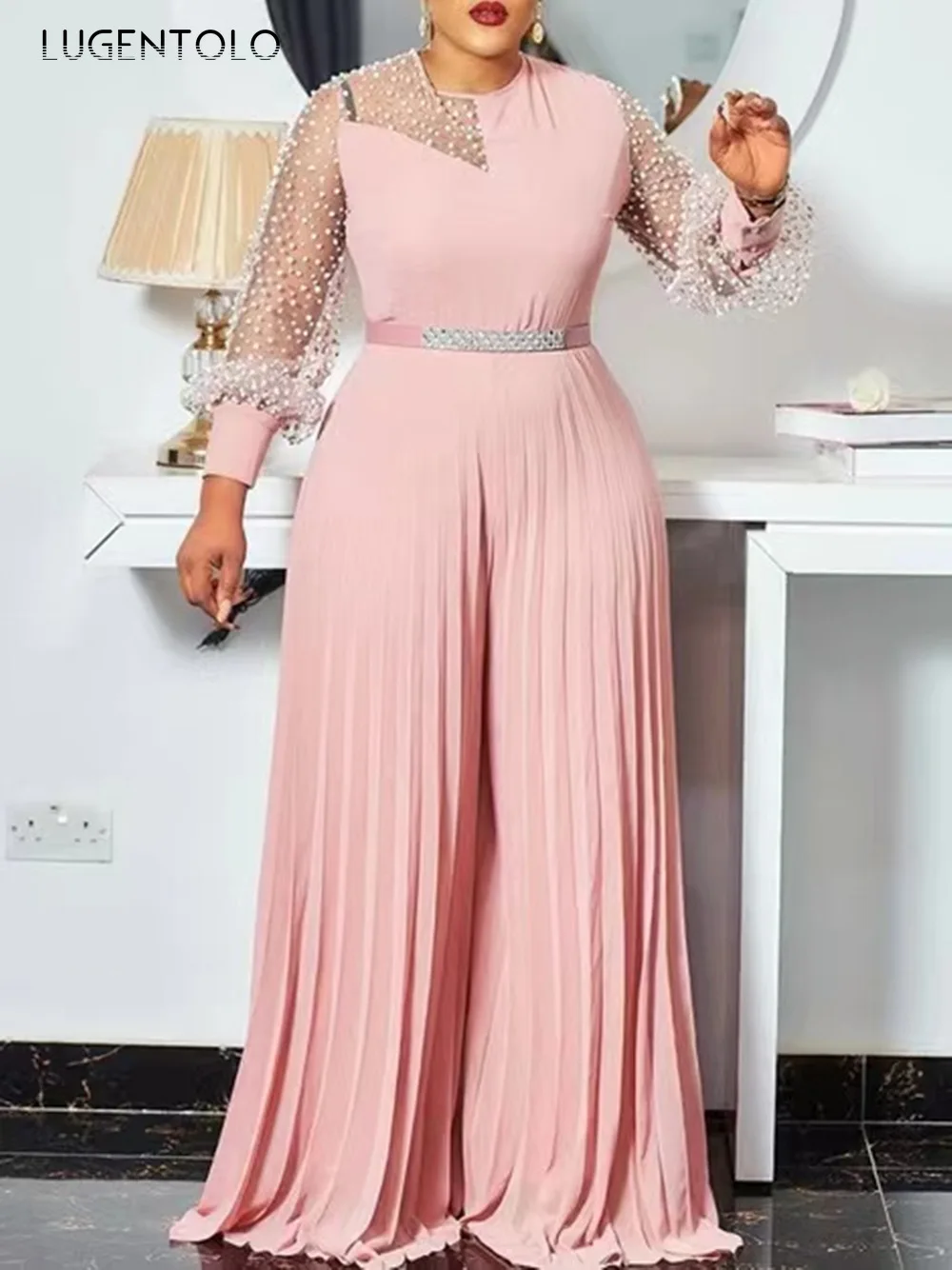 

Elegant Chiffon Jumpsuit Women Long Sleeve Sexy Lace Mesh Perspective Lady High Waist Wide Leg Pants Thin Jumpsuits Lugentolo