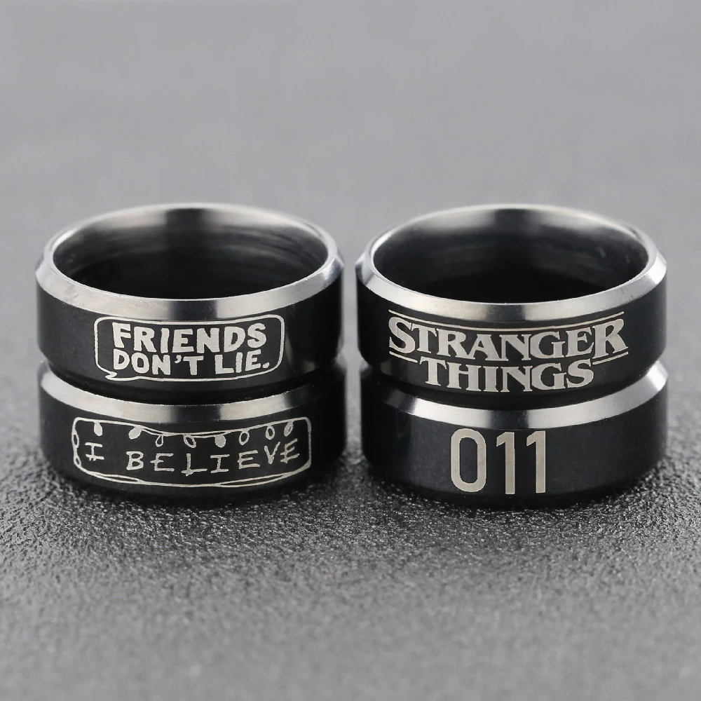 

Stranger Things Eleven 011 Friends Don't Lie I Believe Letters Black Stainless Steel Men's and Women's Rings TV Drama Jewelry