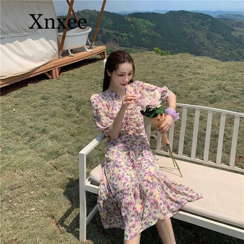 

2020 Temperament Vintage Dresses Hot Sales Women Korean Japanese Design Style V Neck Draped Floral Long Dress