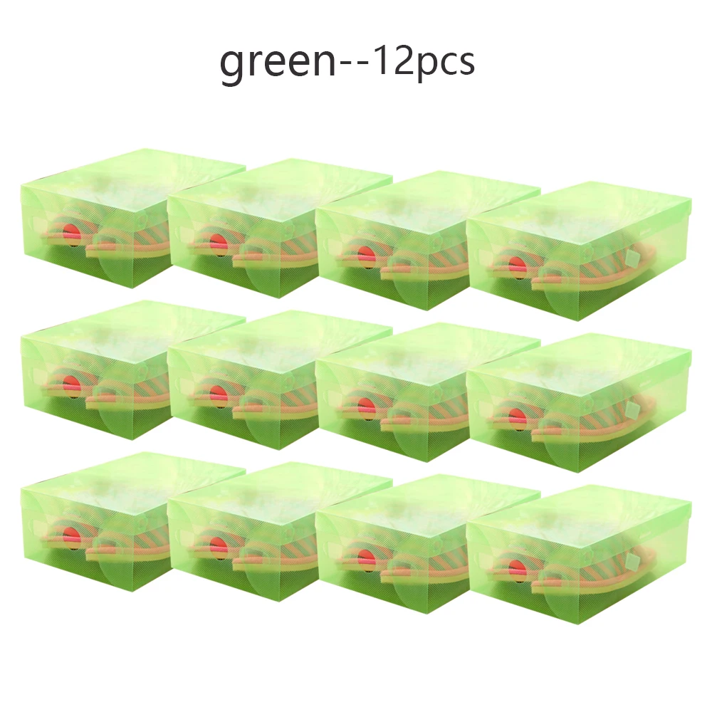 12pcs Green 12 шт. Детский/женский/Мужской Прозрачный органайзер для макияжа, прозрачная пластиковая коробка для хранения обуви, складной чехол для обуви, органайзер для дома - Цвет: 12pcs Green