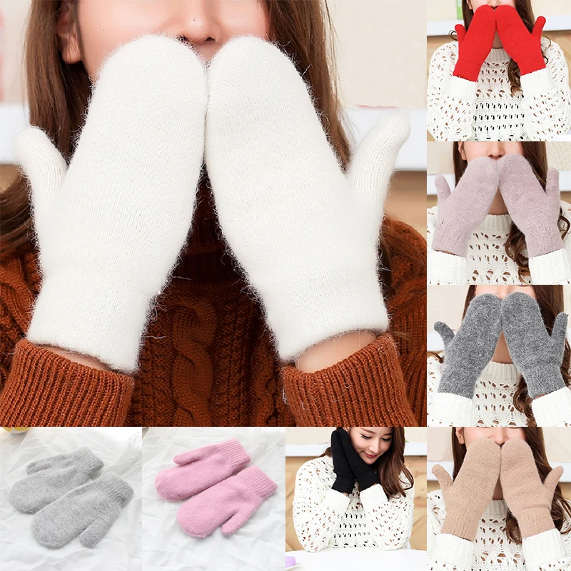 

women gloves girls mittens double-layer rabbit hair gloves female winter Korean version of solid color all fingers winter