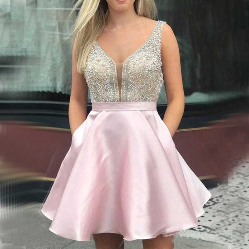 

Платье для выпускного yimmerpwp, с кристаллами, V-образным вырезом, открытой спиной, короткими карманами, иллюзионным лифом, 16