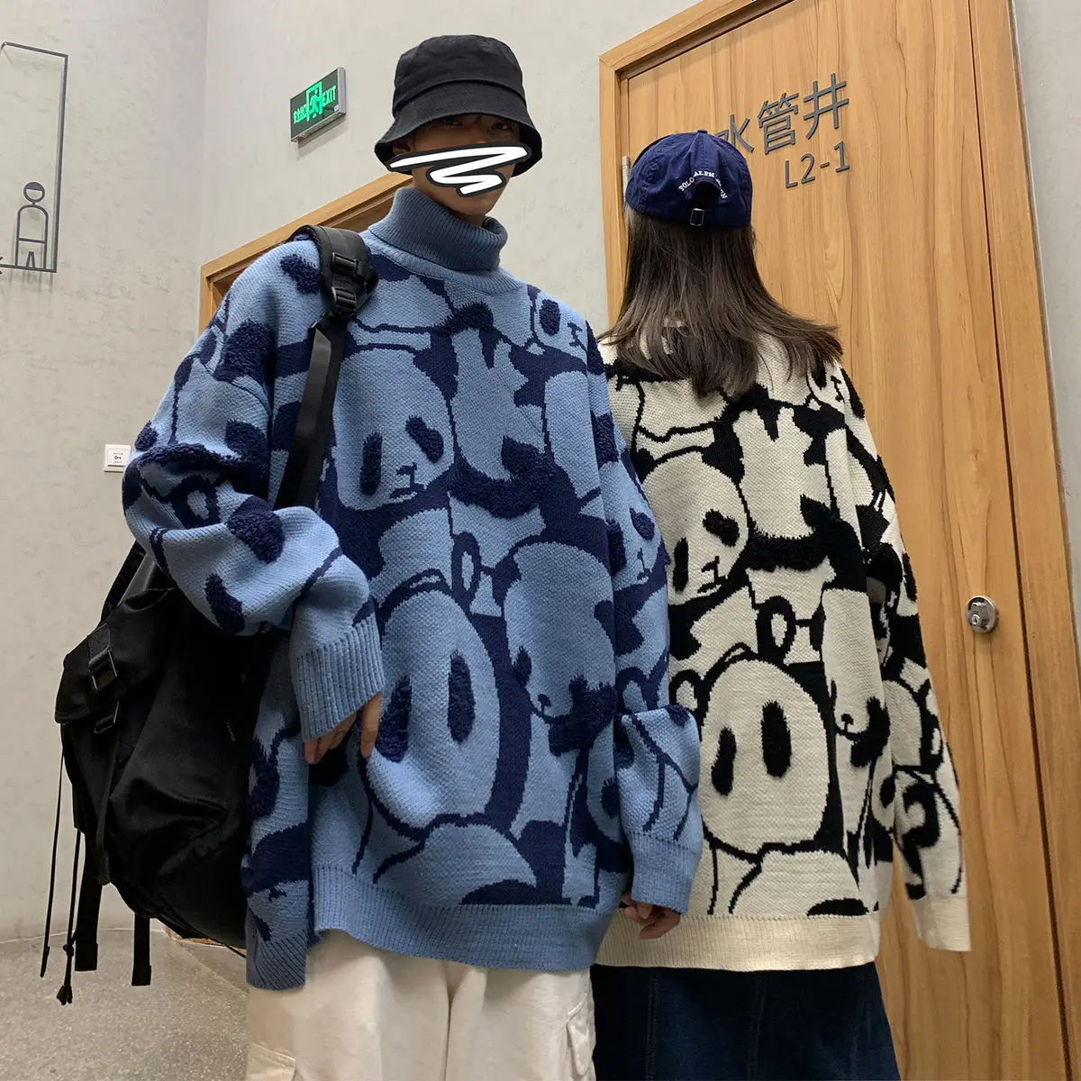 Мужской свитер с высоким воротом вязаный пуловер рисунком панды зимняя