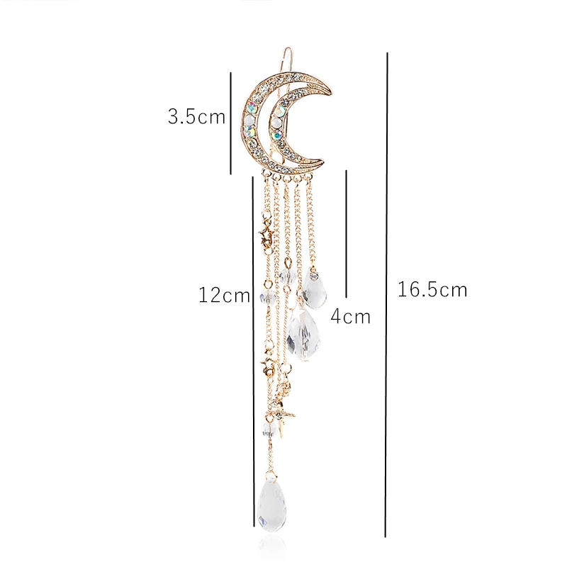 

Elegant Women Moon Crystal Hair Clip Rhinestone Tassel Dangle Hairpins Star Pendant Long Chain Beads Jewelry Retro Accessories