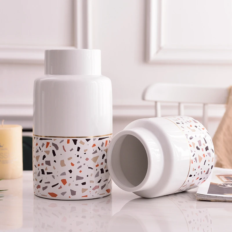 

1pc White Ceramic Vase Modern Terrazzo Flower Vase Home Decoration Flower Filler Container Colorful Waterstone Vase