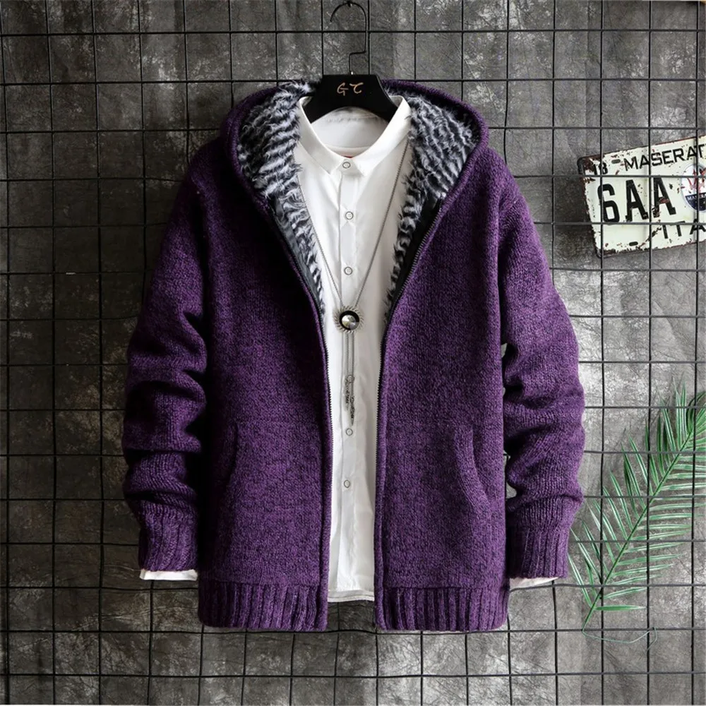 Purple Зимняя Мужская ветрозащитная куртка из искусственного меха, шерстяной свитер, куртки для мужчин, на молнии, с толстым капюшоном, теплые мужские пальто - Цвет: Purple