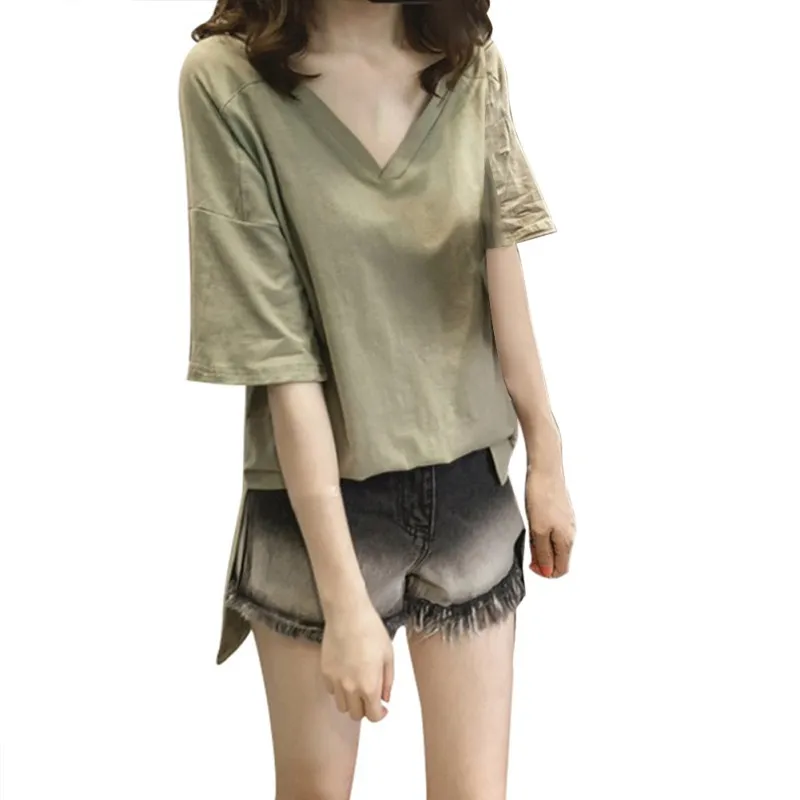 Однотонная летняя футболка женская с v образным вырезом Женская Мягкая коротким