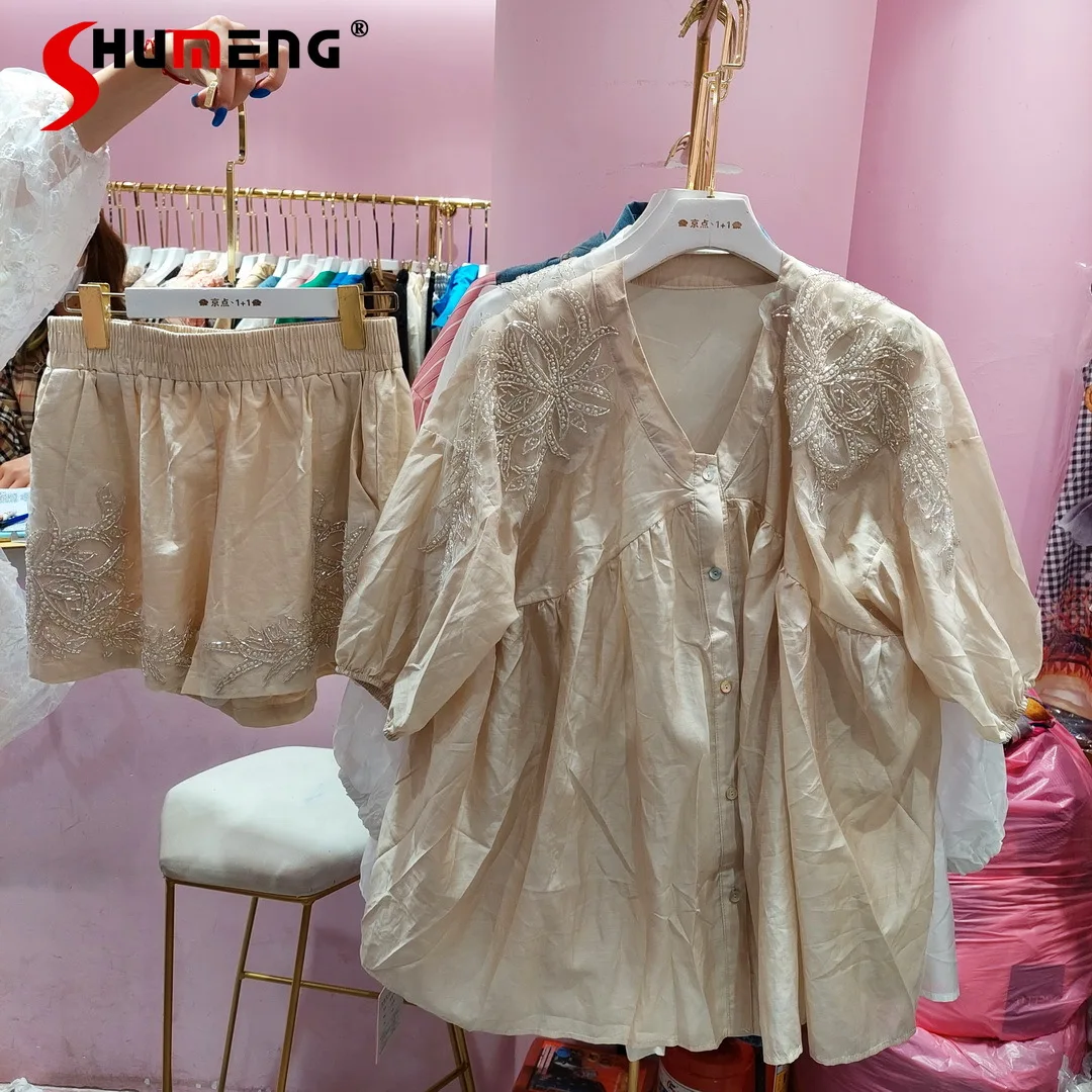 

Женский комплект из двух предметов, легкий льняной топ с рукавами «летучая мышь» и шорты с эластичной талией и бриллиантовой вышивкой, лето ...