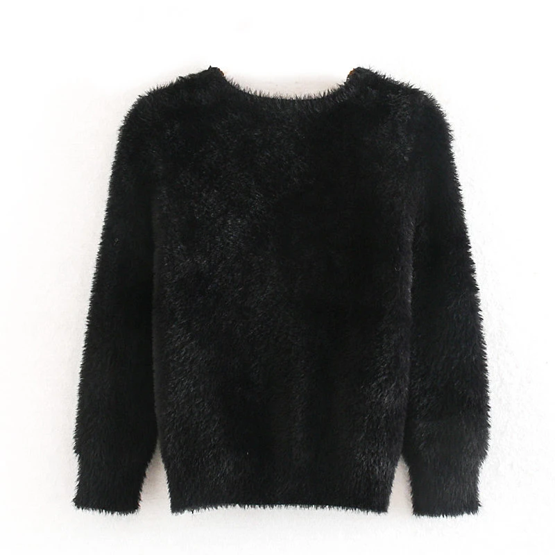 Черный кардиган пушистый свитер Женский вязаный уличная одежда длинный рукав