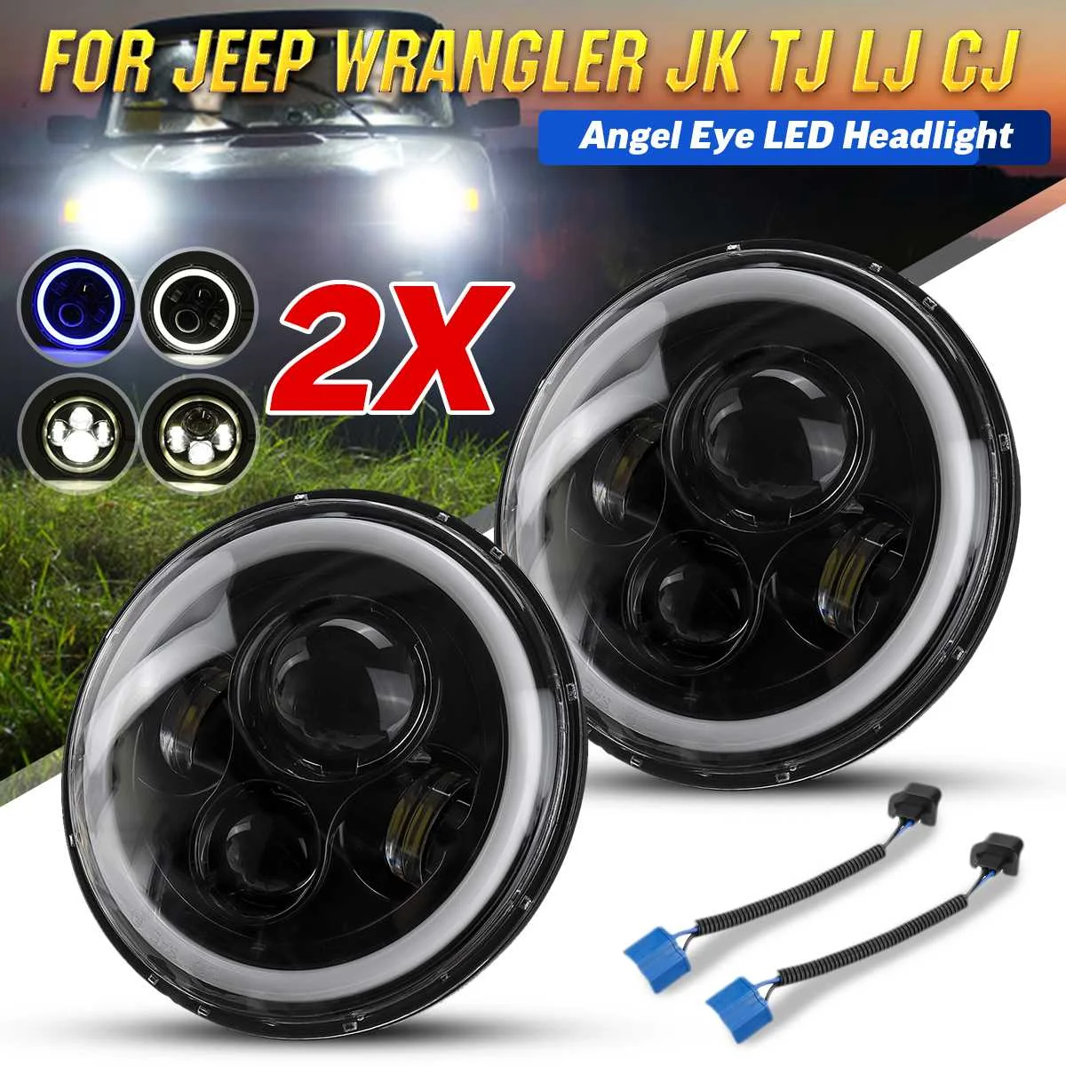 A pair of 7-inch LED headlights with halo ring angel eyes DRL high/high beam headlightsfor Jeep/Wrangler JK TJ Off Road 4x4