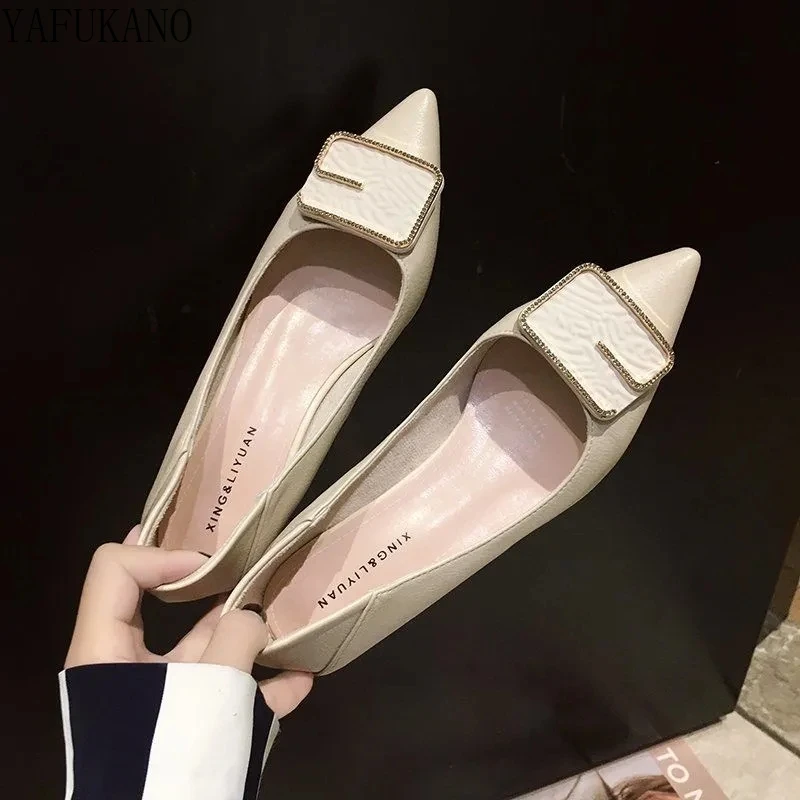 

Casual Square Heel High Heels Fashion Shallow Mouth Women Shoes Pointed Toe Mid-Heel Career Work Shoes Crystal Buckle Lady Pumps