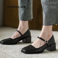 sandra jrr autumn square toe mary janes pumps shoes women retro med heel buckle sandals leather heels shoes 5 cm