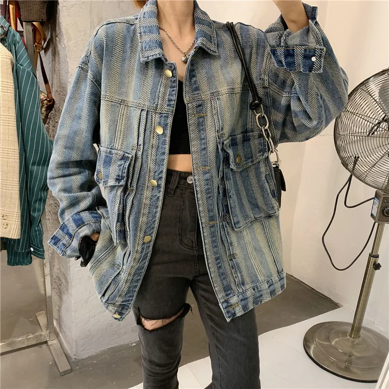 

Женская джинсовая куртка в полоску, свободная винтажная куртка из денима в Корейском стиле, с отложным воротником, в стиле бойфренд, весна-о...