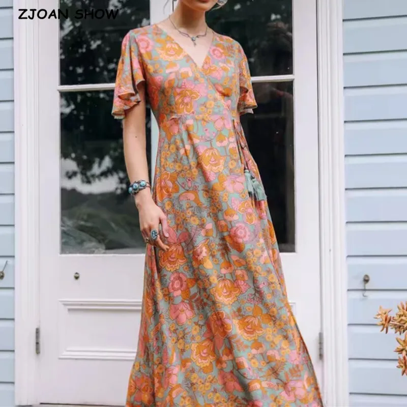

Women Vintage V neck Camellia Short Sleeve Orange Floral Print Wrap Dress Retro Lacing up Waist Maxi Long BOHO Dresses Holiday