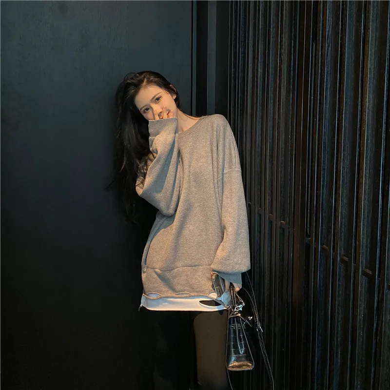 

moda feminina Women's Clothing o-neck patchwork sold Simple casual style autumn new loose pullover hole ladies tops Sweatshirts