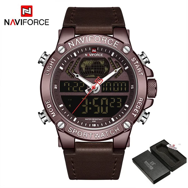 CoffeeWithBox NAVIFORCE мужские часы Роскошные брендовые кварцевые часы кожаные водонепроницаемые военные часы с двойным дисплеем для мужчин Relogio Masculino - Цвет: CoffeeWithBox
