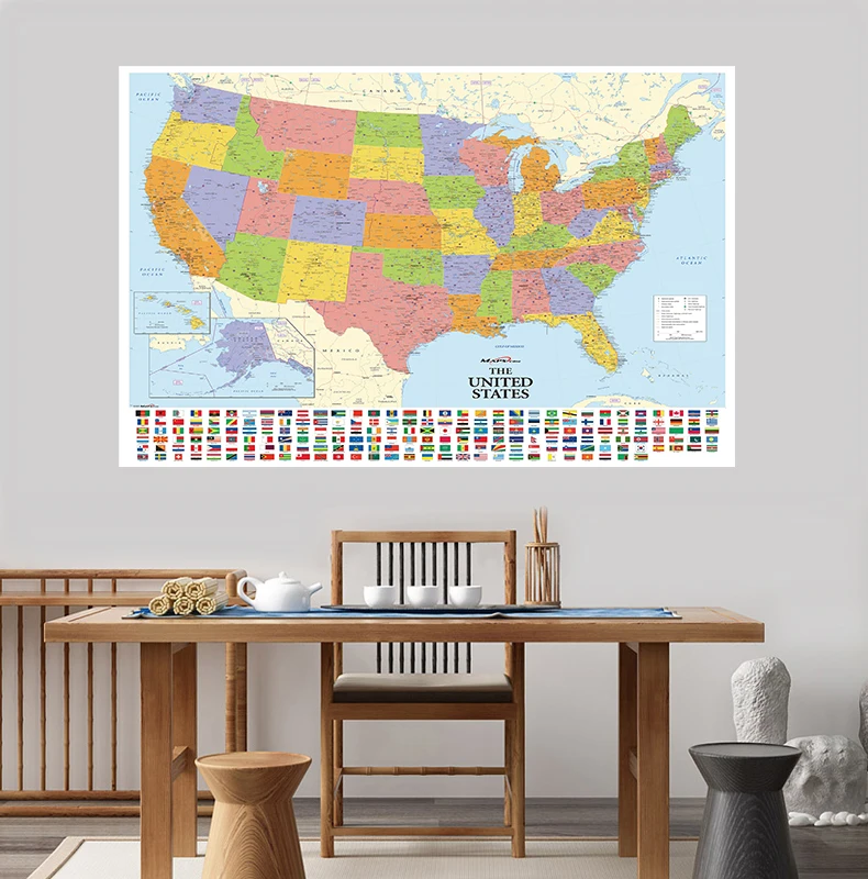 150x100cm Map of The United States with National Flags Non-woven Canvas Painting Vintage Poster Card Home Decor School Supplies |