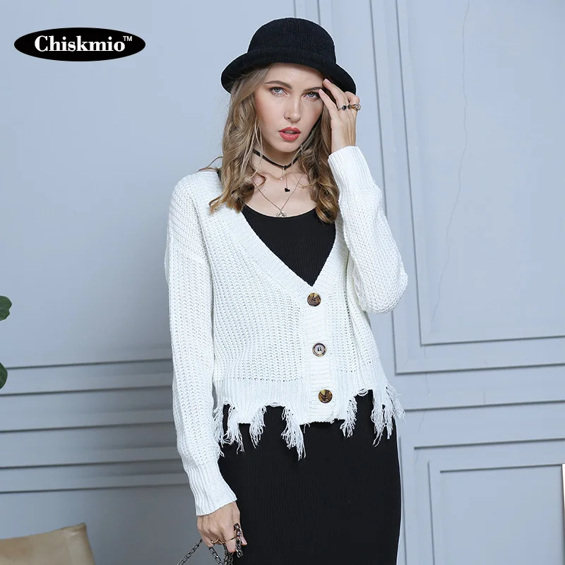 Женский кардиган на пуговицах вязаный свитер с v-образным вырезом и кисточками