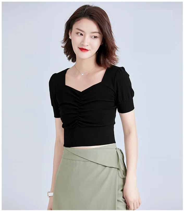 

New summer women's v-neck short Loose puff sleeve top fashion temperament all match short sleeve pure color base T-shirt