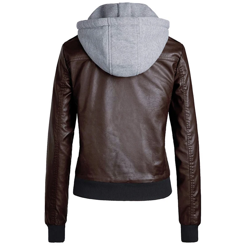 Куртка женская зимняя из искусственной кожи на молнии с капюшоном|Кожаные