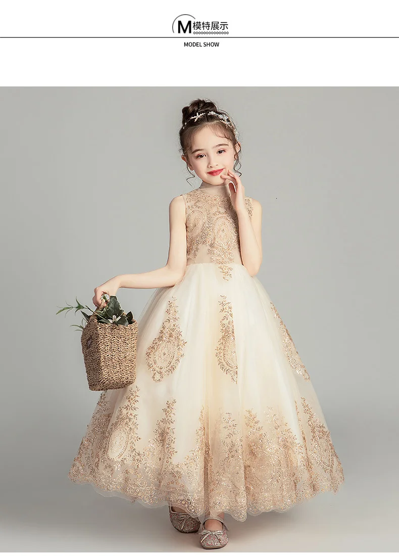 Golden Sequin Lace Girl Wedding Dress Long Flower Girl Dress Princess Party First Communion Gown Baby Girl Baptism Pageant Gown