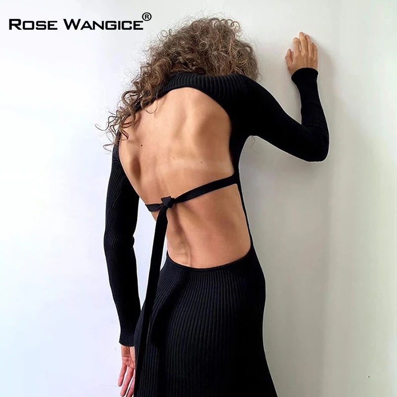 

Rose Wangice Sexy Backless Ribbed Knitted Midi Dresses Mock Neck Club Party Long Sleeve Dress Autumn Winter Streetwear Dresses