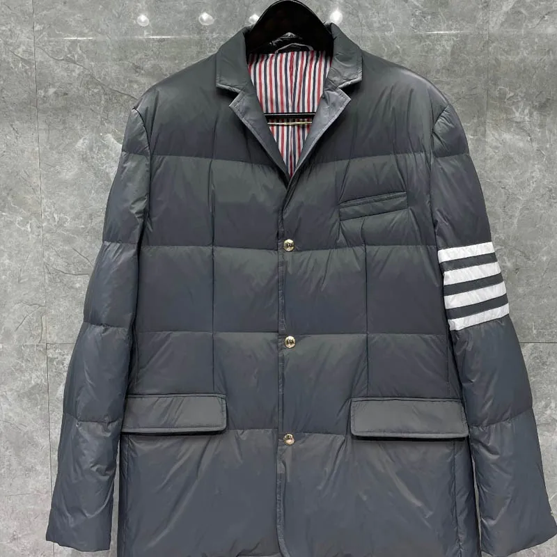 TB THOM Men's Winter Jacket Down Jacket Fashion Brand Gray Suit Down-Filled Matte Nylon 4-bar Stripe Notched Wholesale TB Coat