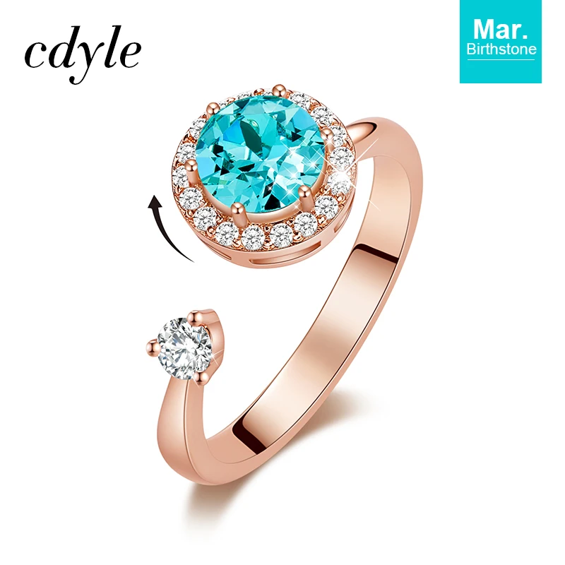 Cdyle, женское блестящее вращающееся кольцо с фиолетовым кристаллом от Swarovski, регулируемые свадебные кольца серебряного цвета для девочек, Роскошные бренды - Цвет основного камня: Mar. R1014S-S