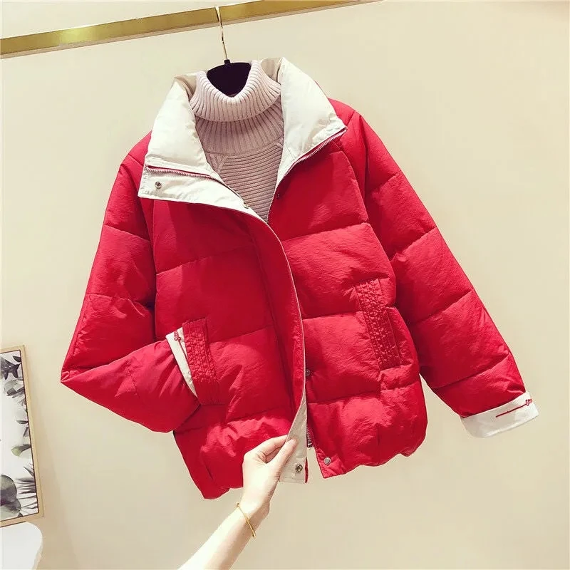 Women's Short Padded Jacket 2021 New Korean Version Loose Stand Collar Cotton-Padded Jacket Suit Hit Color Cotton-Padded Jacket