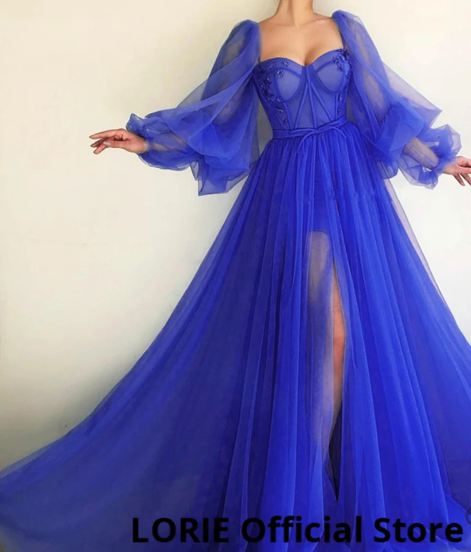 Royal Blue Лори Длинные Пышные синие платья с рукавами для выпускного вечера, тюлевые вечерние платья с открытой спиной и шнуровкой, вечернее платье, платье для вечеринки, платье размера плюс - Color: Royal Blue