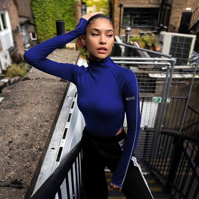 Sexy Lady's Bodysuit with Reflective Letter Pattern Long Sleeve Middle Collar Top with Thongs for Spring and Autumn