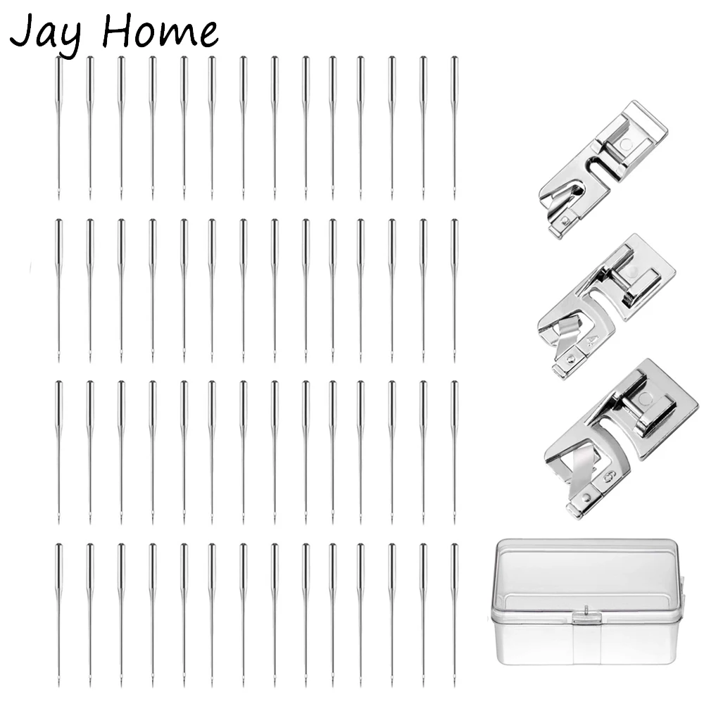 

50Pcs Universal Regular Point Sewing Machine Needles & 3Pcs Rolled Hem Sewing Machine Presser Feet for Home Sewing Machines