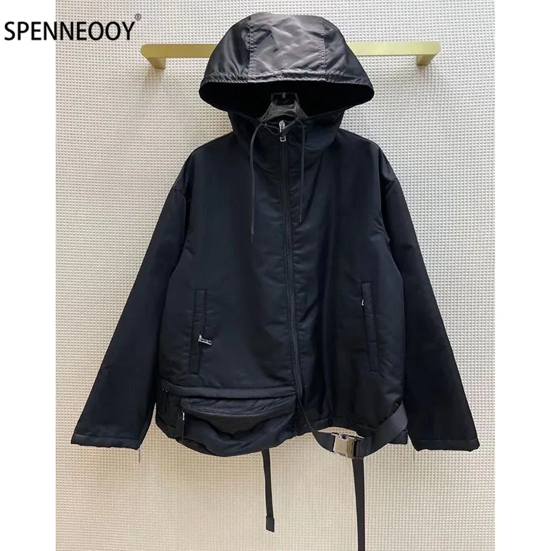 

SPENNEOOY Designer Brand Autumn Winter Black Nylon Cotton Liner Overcoat Outwear Women Long Sleeve Windproof Jackets Coat