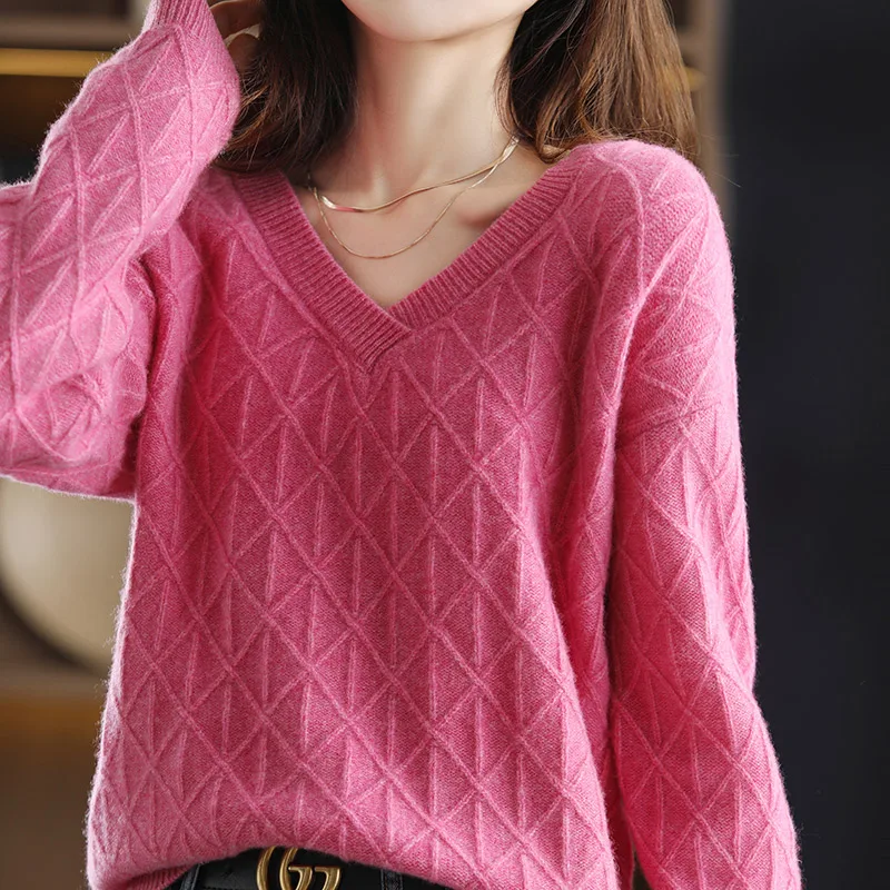 

Winter Woman's Sweaters V-Neck Long Sleeve Casual Loose Female Pullover 100% Wool Knitted Tops Jumper Shirt Clothing Soft Blouse