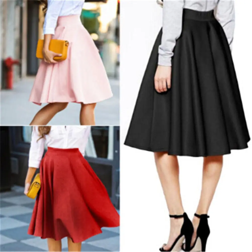 

Women A Line Skirt Vintage High Waist Flared Swing Skirt Solid Knee Length Casual Skirt