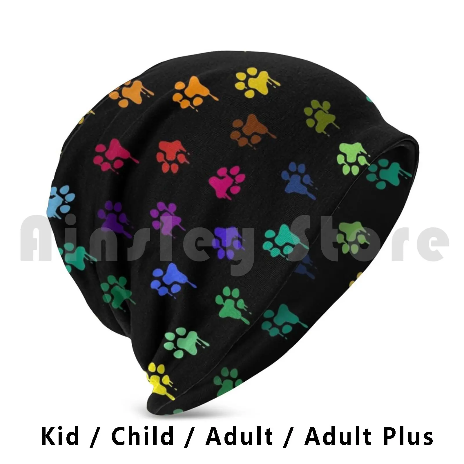 

Painted Paw Prints ( On Black ) Beanies Knit Hat Hip Hop Paw Tracks Animal Artist Pattern Paws Dog Cat Rainbow