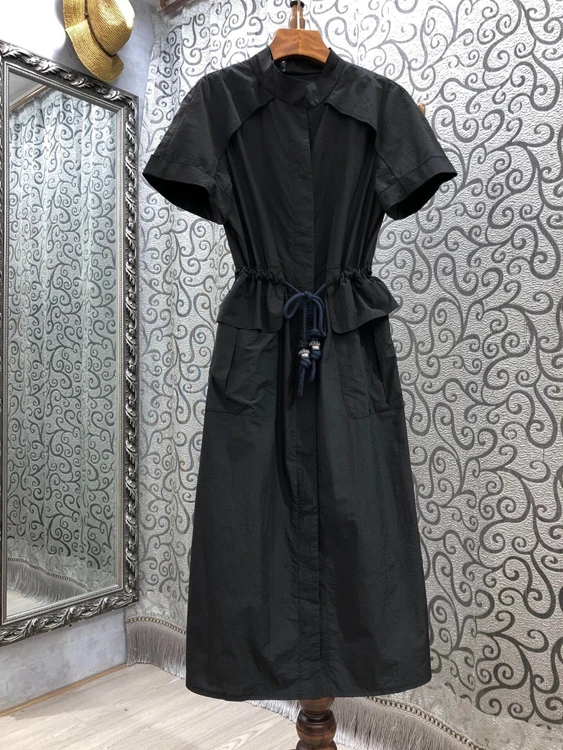 

2021 spring and summer new women's solid color decoration symmetrical pocket drawstring waist short sleeve dress 315
