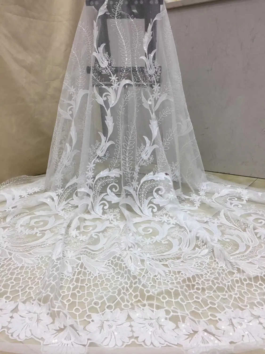 

8colors (5yards/pc) Beautiful white African French net lace fabric with embroidery and transparent sequins for party FZZ773