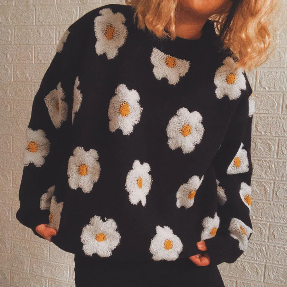 

Women's Autumn New Sweater Pullover Commuter Fashion Style Pure Color Slim Long Sleeve Round Neck Flower Print Thin Knitted Top