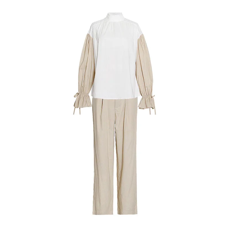 

New fashion temperament casual stitching contrast color high collar shirt high waist strap wide leg pants Outfits women