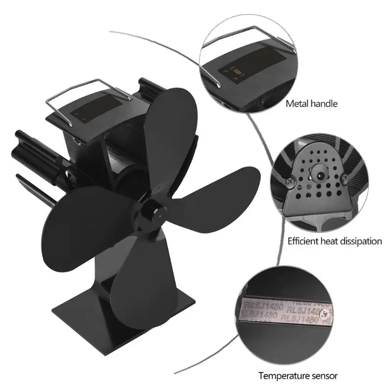 

4 Blade Heat Powered Stove Fireplace Fan with Thermometer Saving Silent Ecofan