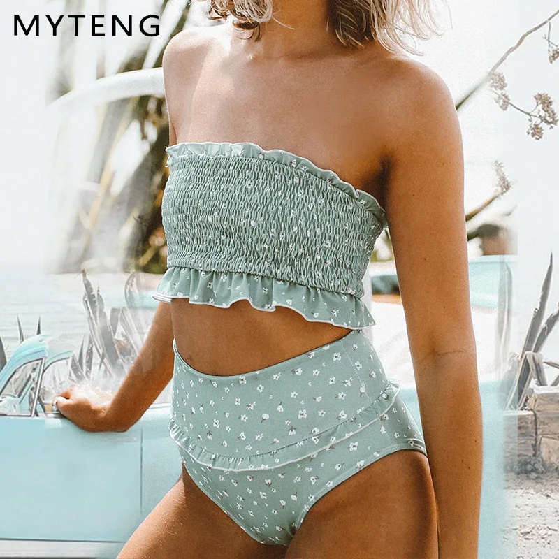 Женское винтажное бикини 2020 купальник с принтом бандо плиссированные оборки