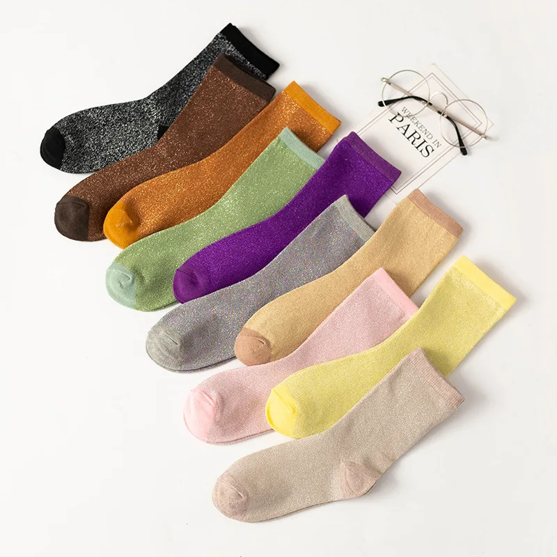 Korean women's style gold and silver silk material women's fashion socks solid color glitter shiny high elastic fashionable sock