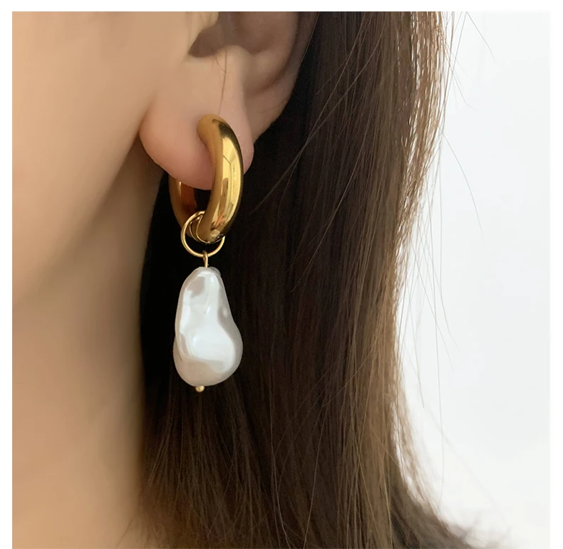 

Titanium With 18 K Gold Geo Faux Baroque Pearl Drop Earrings Punk Party Gown Runway rare Boucle Korean Japan INS Boho Top